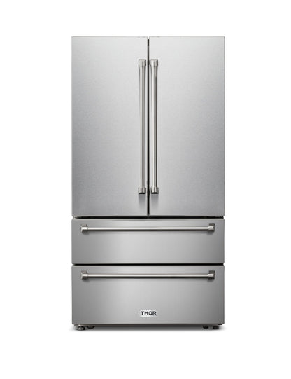 Thor Kitchen 5-Piece Pro Appliance Package - 30-Inch Gas Range, French Door Refrigerator, Pro-Style Wall Mount Hood, Dishwasher, and Microwave Drawer in Stainless Steel