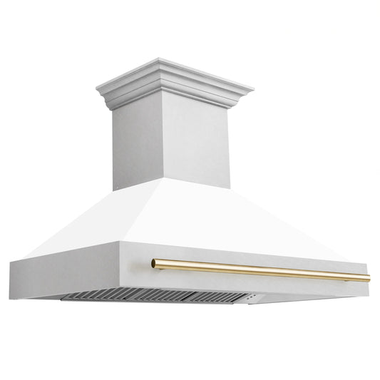 48" ZLINE Autograph Edition DuraSnow Stainless Steel Range Hood with White Matte Shell and Accented Handle - 8654SNZ-WM48