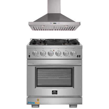 Forno 2-Piece Pro Appliance Package - 30-Inch Gas Range & Wall Mount Hood in Stainless Steel