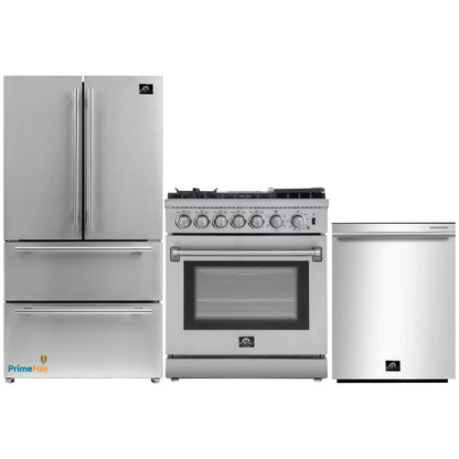 Forno 3-Piece Appliance Package - 30-Inch Dual Fuel Range with Air Fryer, French Door Refrigerator, and Dishwasher in Stainless Steel