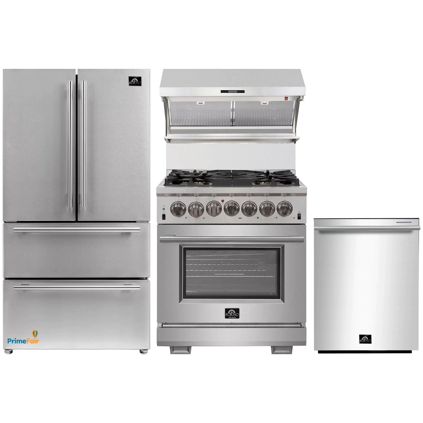 Forno 4-Piece Pro Appliance Package - 30-Inch Dual Fuel Range, Premium Hood, French Door Refrigerator, and Dishwasher in Stainless Steel