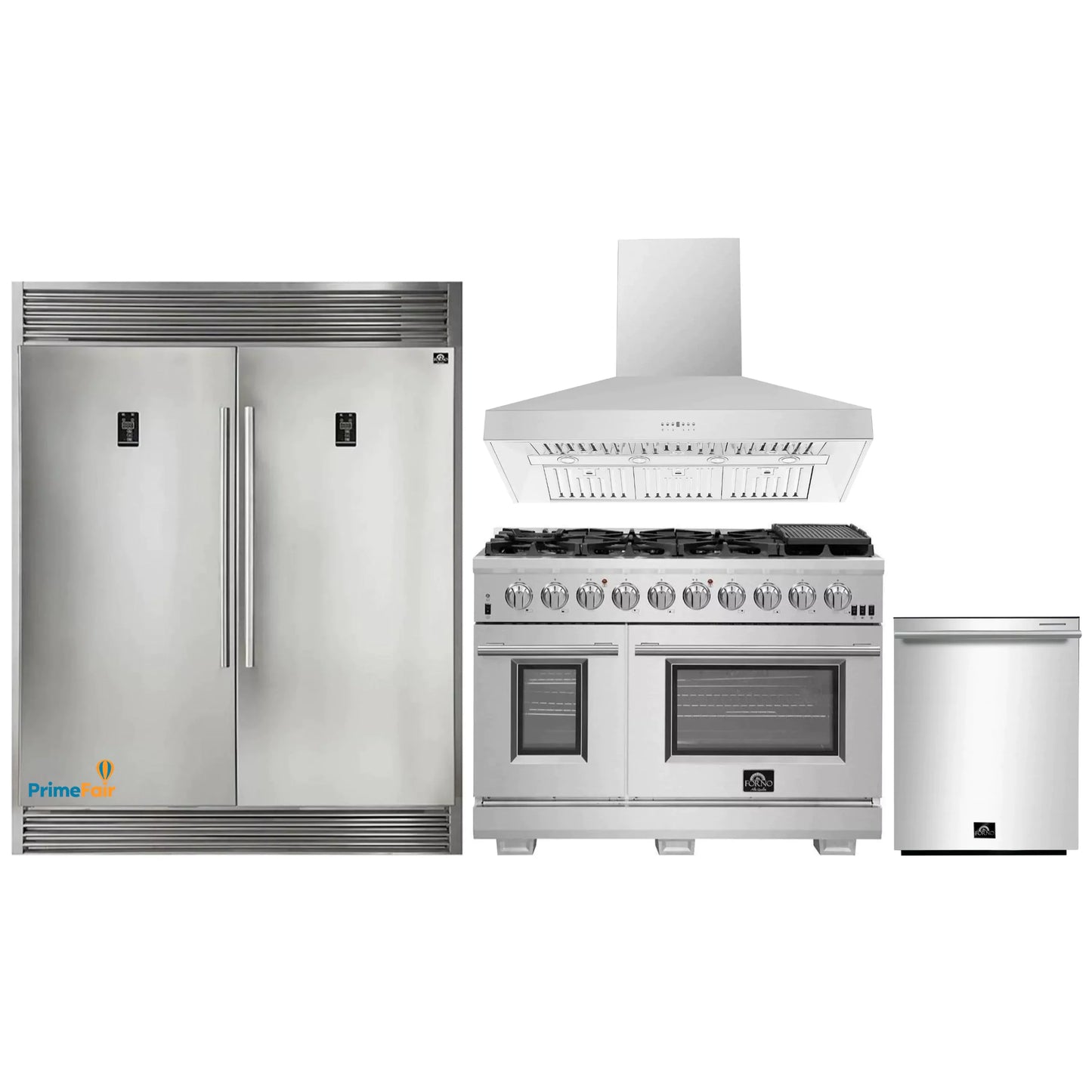 Forno 4-Piece Pro Appliance Package - 48-Inch Gas Range, 56-Inch Pro-Style Refrigerator, Wall Mount Hood, & 3-Rack Dishwasher in Stainless Steel