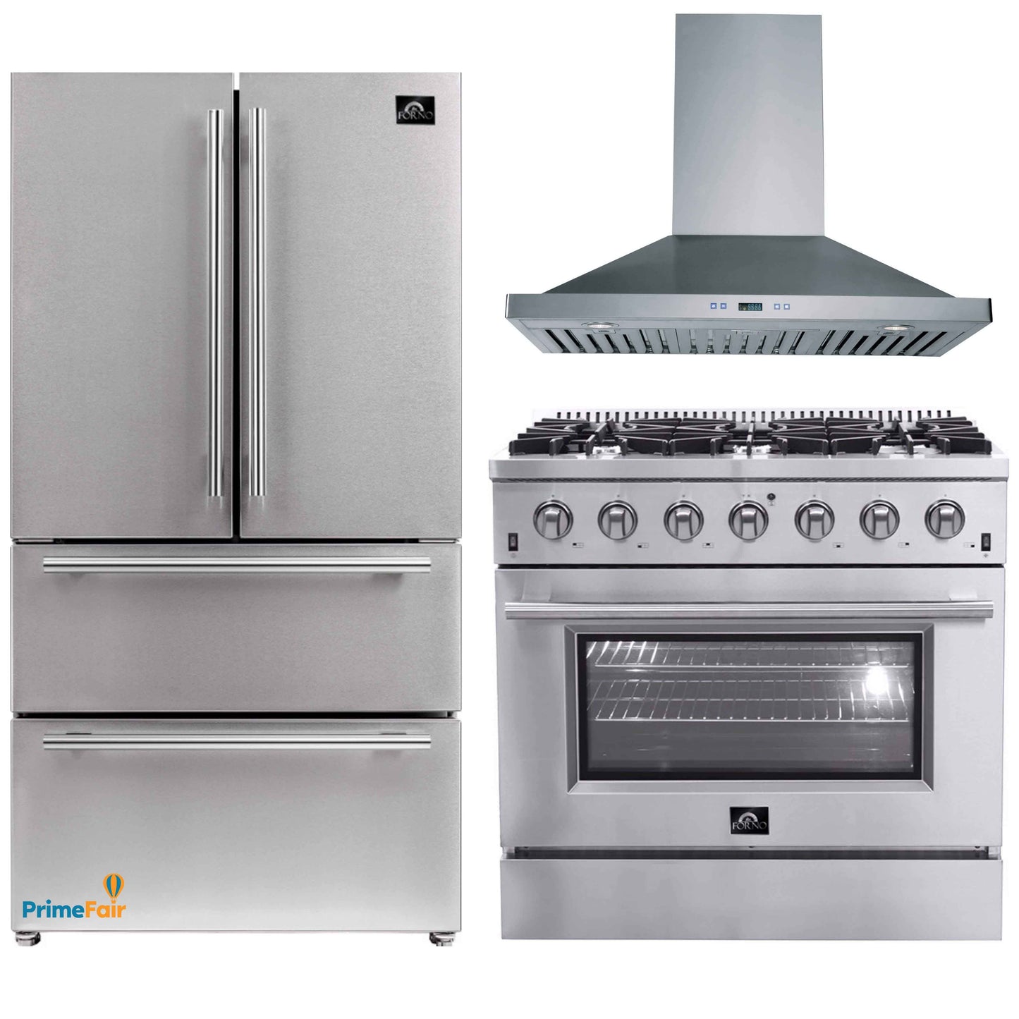 Forno 3-Piece Appliance Package - 36-Inch Gas Range, Refrigerator, & Wall Mount Hood in Stainless Steel