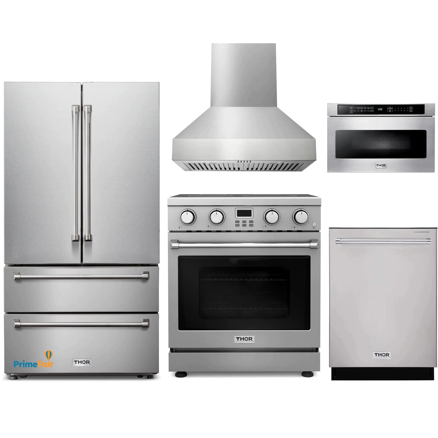 Thor Kitchen 5-Piece Appliance Package - 30-Inch Electric Range, Pro-Style Wall Mount Range Hood, Refrigerator, Dishwasher, and Microwave in Stainless Steel
