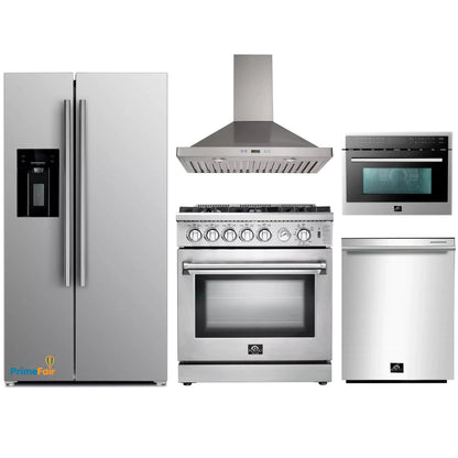 Forno 5-Piece Appliance Package - 30-Inch Gas Range, Refrigerator with Water Dispenser, Wall Mount Hood, Microwave Oven, & 3-Rack Dishwasher in Stainless Steel