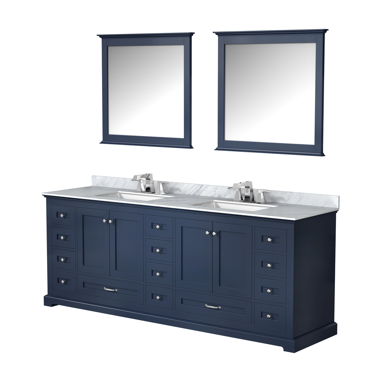 Lexora Dukes 84" Navy Blue Double Vanity, White Carrara Marble Top, White Square Sinks and 34" Mirrors LD342284DEDSM34