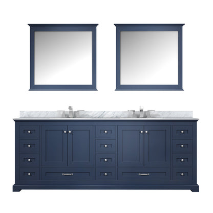 Lexora Dukes 84" Navy Blue Double Vanity, White Carrara Marble Top, White Square Sinks and 34" Mirrors LD342284DEDSM34
