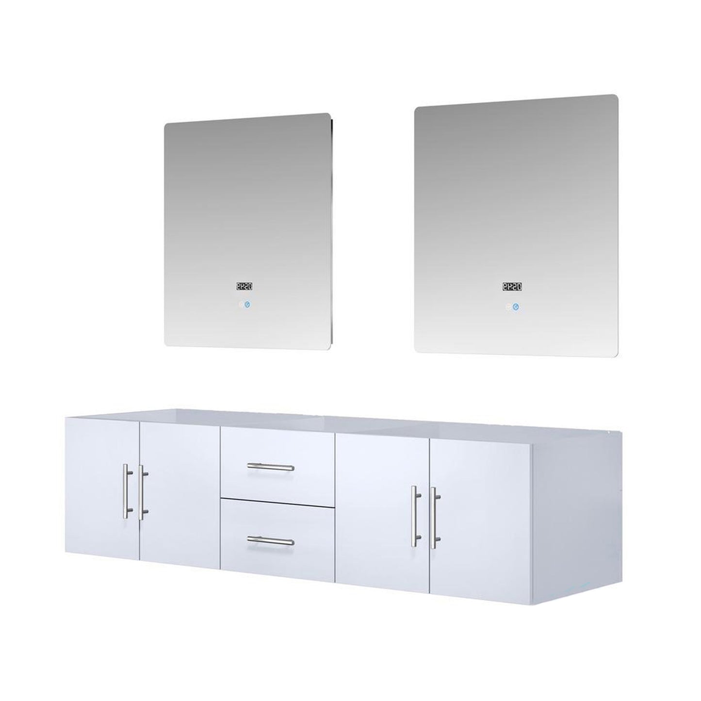 Lexora Geneva 72" Glossy White Double Vanity, no Top and 30" LED Mirrors LG192272DM00LM30