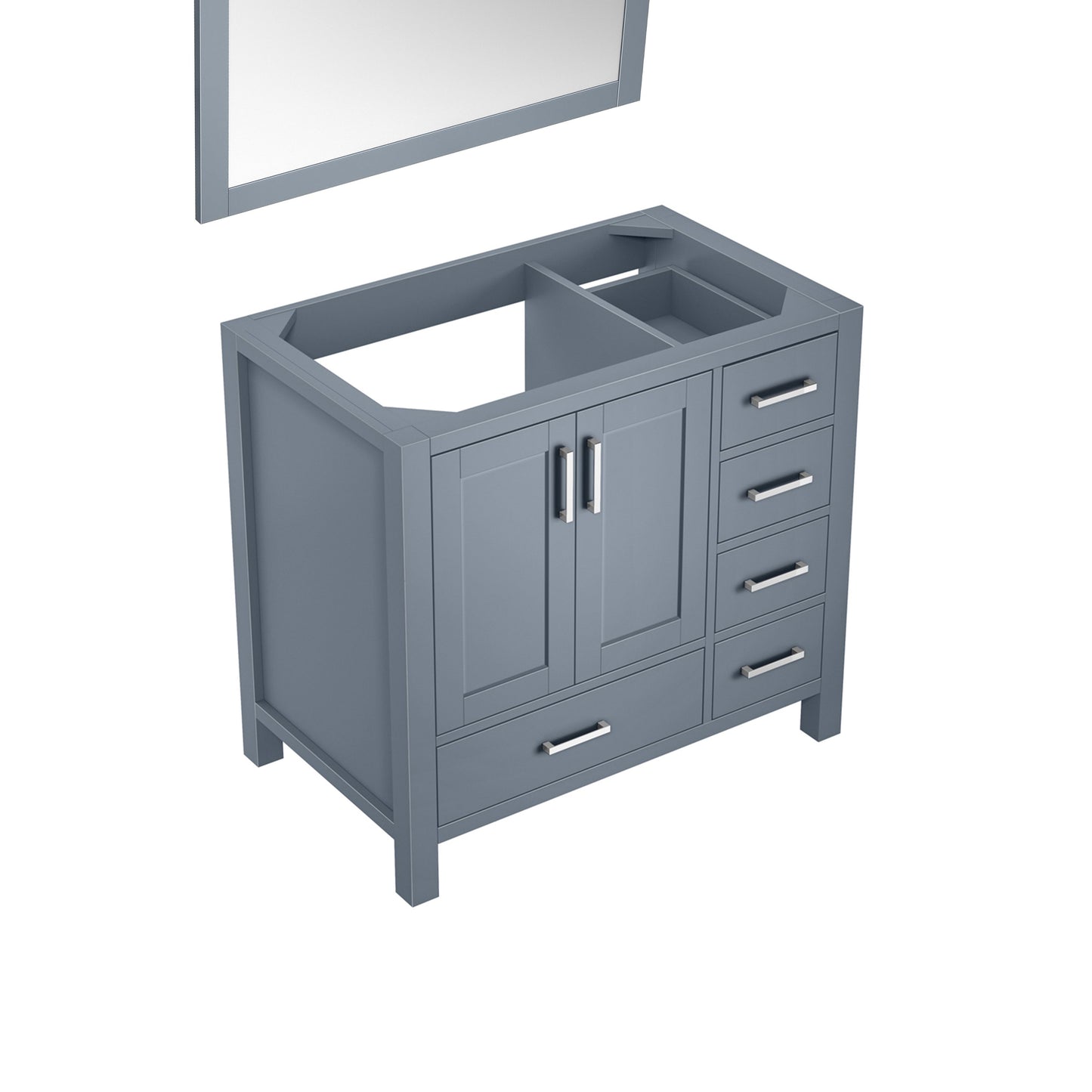 Lexora Jacques 36" Dark Grey Single Vanity, no Top and 34" Mirror - Left Version LJ342236SB00M34-L