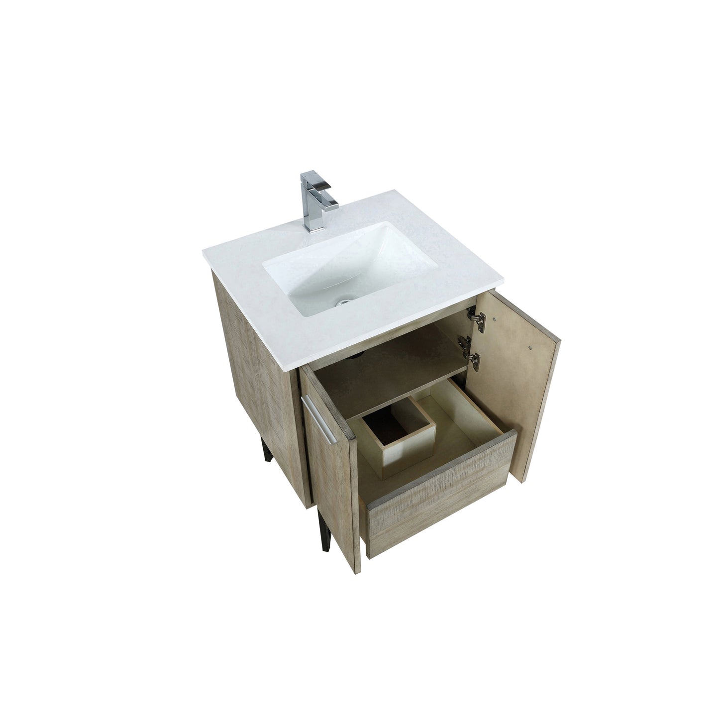 Lexora Lancy 24" Rustic Acacia Bathroom Vanity, White Quartz Top, White Square Sink, and Labaro Rose Gold Faucet Set - LLC24SKSOS000FRG