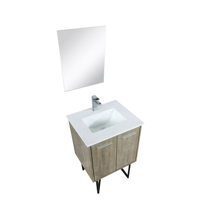 Lexora Lancy 24" Rustic Acacia Bathroom Vanity, White Quartz Top, White Square Sink, Labaro Rose Gold Faucet Set, and 18" Frameless Mirror LLC24SKSOSM18FRG