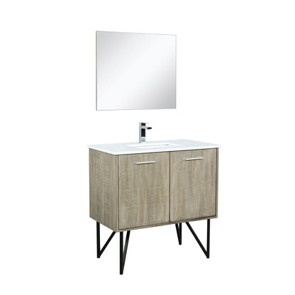 Lexora Lancy 36" Rustic Acacia Bathroom Vanity, White Quartz Top, White Square Sink, Labaro Brushed Nickel Faucet Set, and 28" Frameless Mirror LLC36SKSOSM28FBN