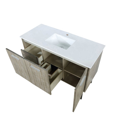 Lexora Lancy 48" Rustic Acacia Bathroom Vanity, White Quartz Top, White Square Sink, and 43" Frameless Mirro LLC48SKSOSM43