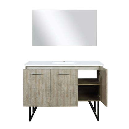 Lexora Lancy 48" Rustic Acacia Bathroom Vanity, White Quartz Top, White Square Sink, and 43" Frameless Mirro LLC48SKSOSM43