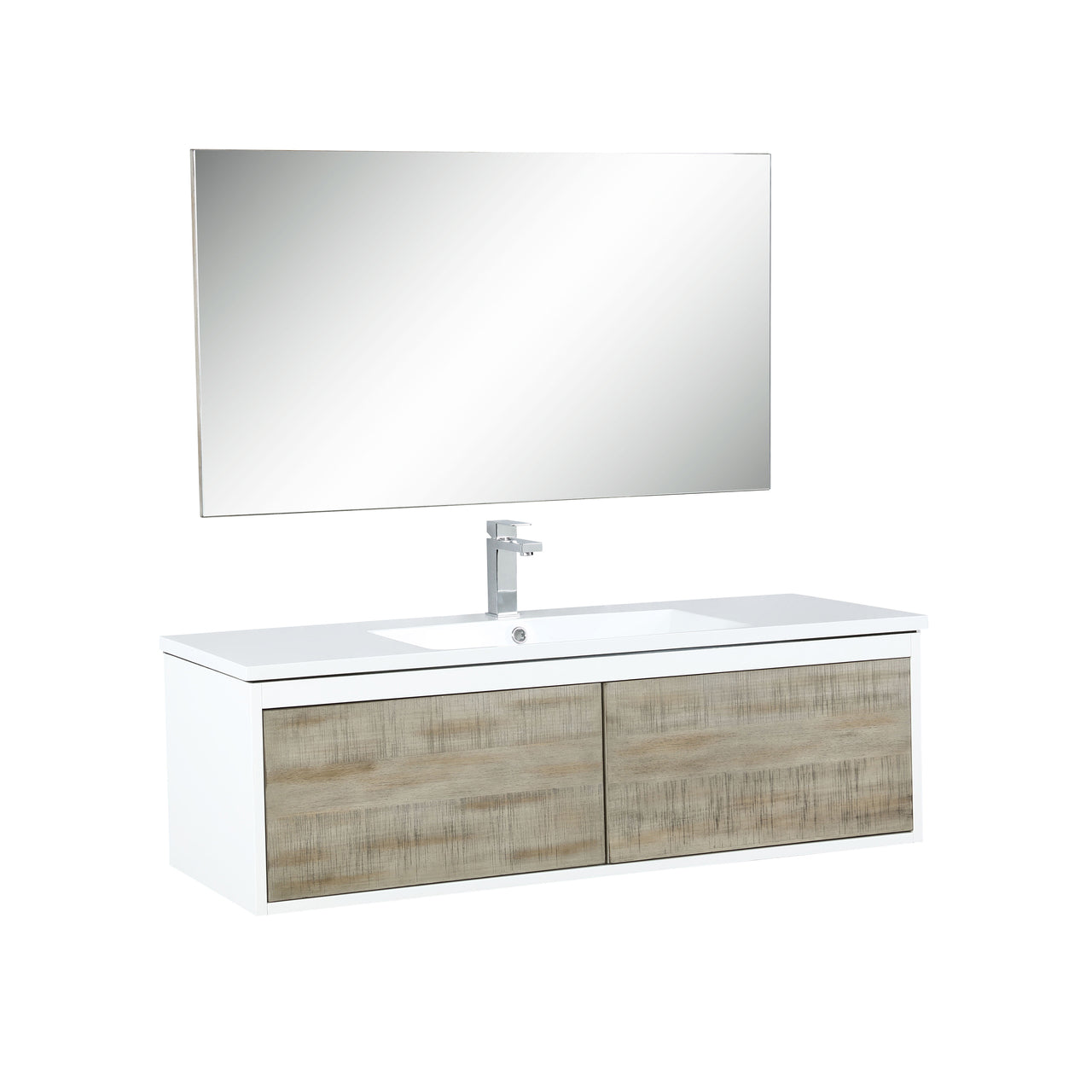 Lexora Scopi 48" Rustic Acacia Bathroom Vanity, Acrylic Composite Top with Integrated Sink, Balzani Gun Metal Faucet Set, and 43" Frameless Mirror LSC48SRAOSM43FGM