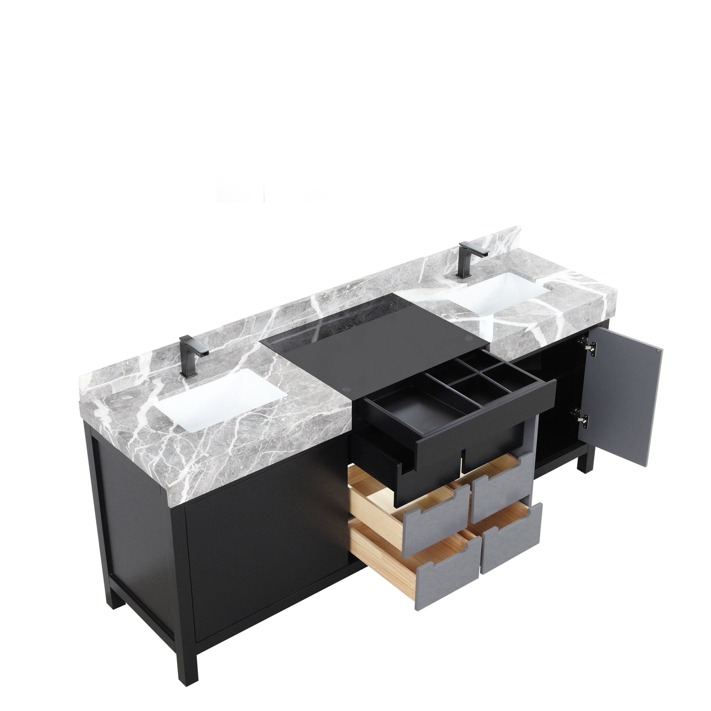 Lexora Zilara 80" Black and Grey Double Vanity, Castle Grey Marble Tops, White Square Sinks, and Balzani Gun Metal Faucet Set - LZ342280DLISFBG