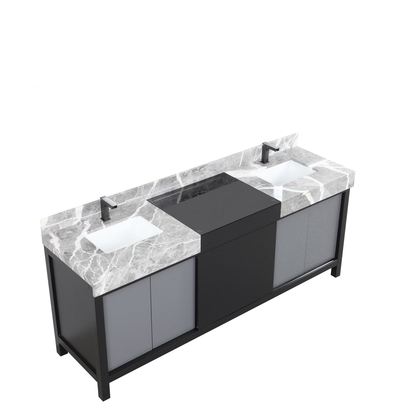 Lexora Zilara 80" Black and Grey Double Vanity, Castle Grey Marble Tops, White Square Sinks, and Balzani Gun Metal Faucet Set - LZ342280DLISFBG