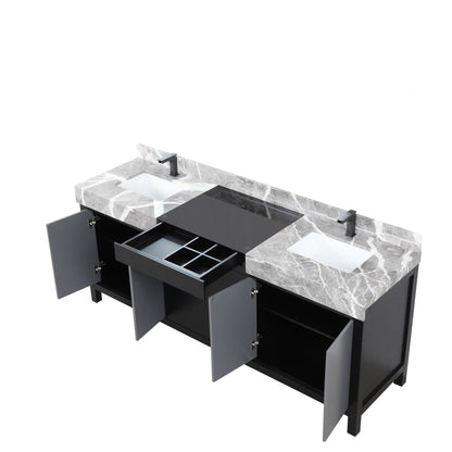 Lexora Zilara 80" Black and Grey Double Vanity, Castle Grey Marble Tops, White Square Sinks, and Balzani Gun Metal Faucet Set - LZ342280DLISFBG