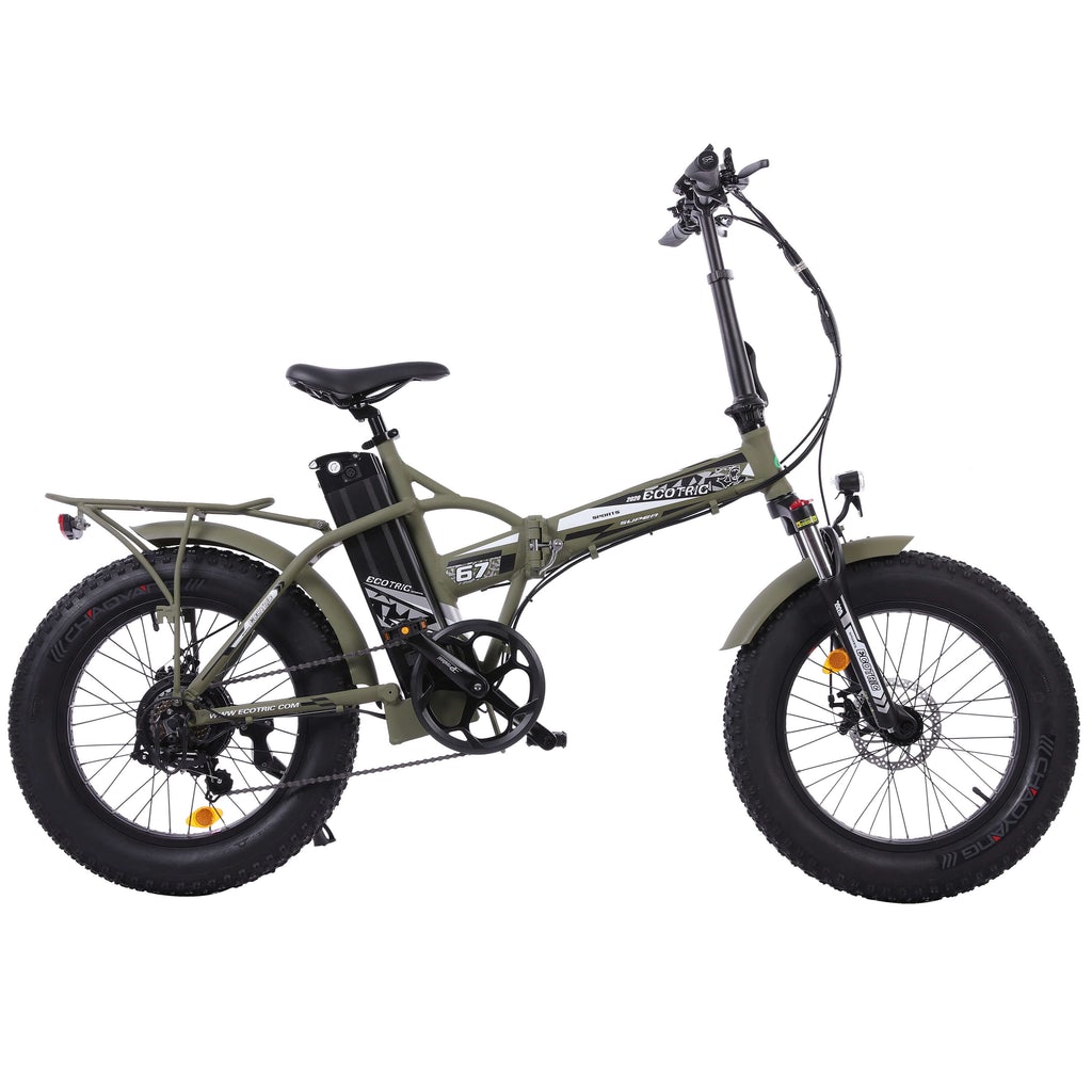 Ecotric Matt Green 48V Fat Tire Portable and Folding Electric Bike with Color LCD Display - FAT20850C-G+HHJ850-G