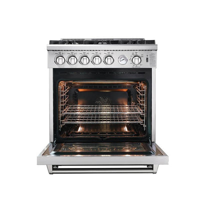 Forno 4-Piece Appliance Package - 30-Inch Gas Range, Refrigerator with Water Dispenser, Microwave Drawer, & 3-Rack Dishwasher in Stainless Steel