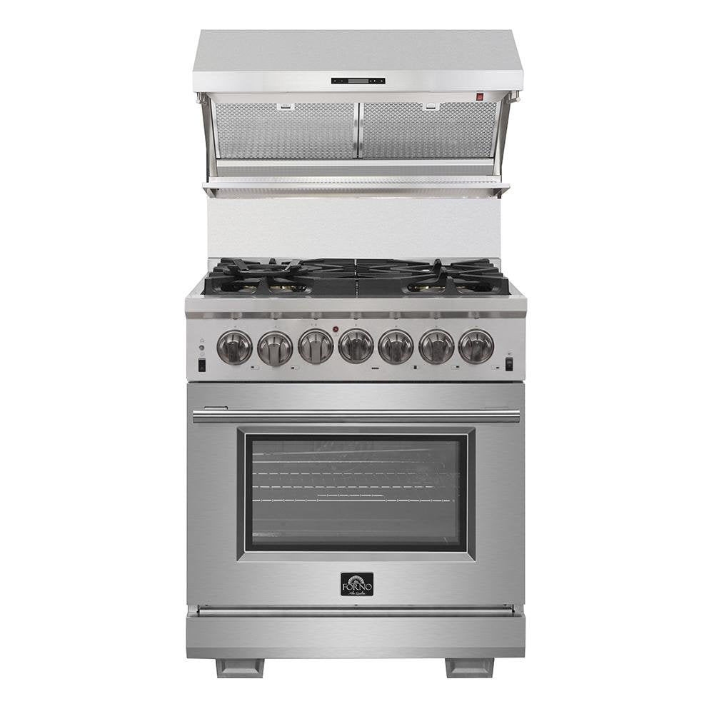 Forno 4-Piece Pro Appliance Package - 30-Inch Dual Fuel Range, Premium Hood, French Door Refrigerator, and Dishwasher in Stainless Steel