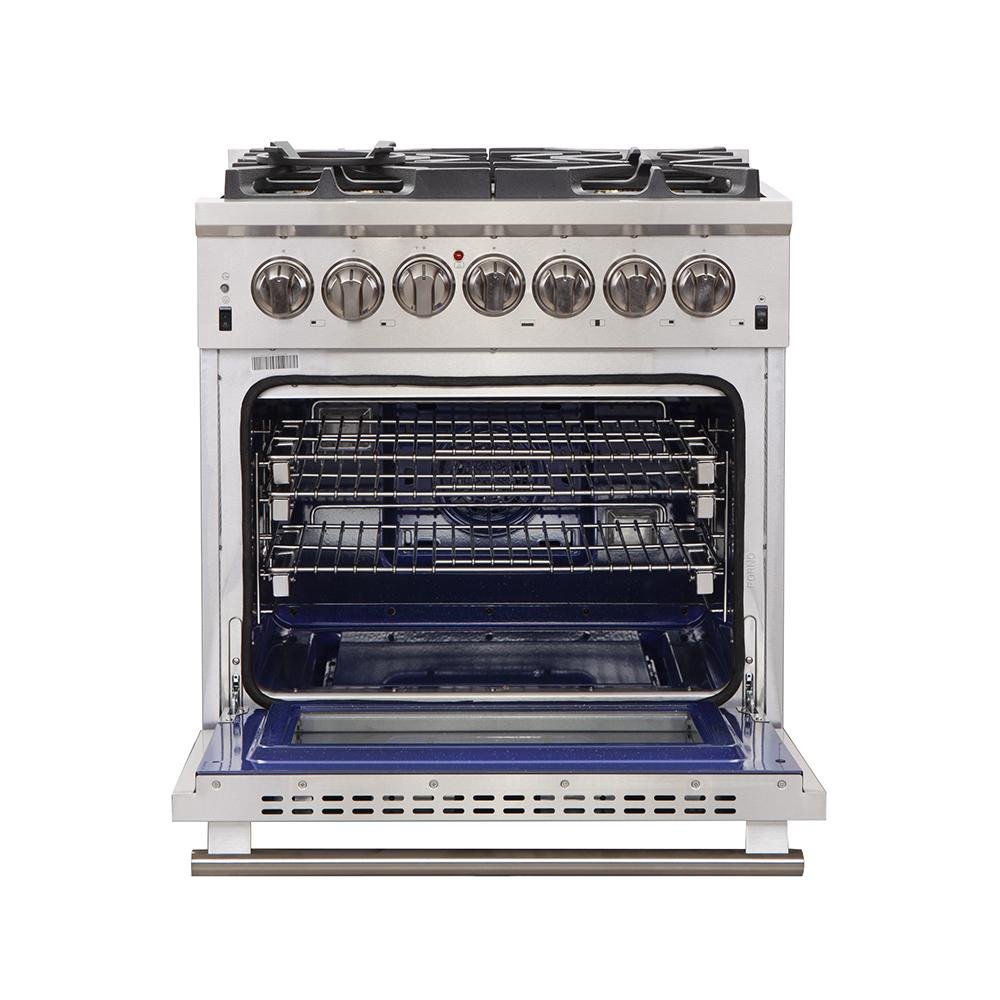 Forno 4-Piece Pro Appliance Package - 30-Inch Dual Fuel Range, Premium Hood, French Door Refrigerator, and Dishwasher in Stainless Steel