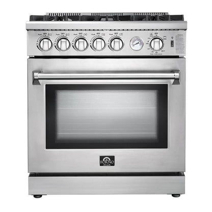 Forno 4-Piece Appliance Package - 30-Inch Gas Range, 56-Inch Pro-Style Refrigerator, Wall Mount Hood, & 3-Rack Dishwasher in Stainless Steel