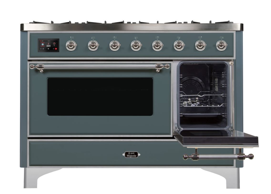 ILVE 48 Inch Majestic II Series Freestanding Dual Fuel Double Oven Range with 8 Sealed Burners, Triple Glass Cool Door, Convection Oven (UM12FDNS)