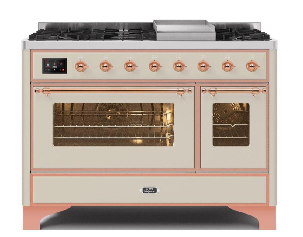 ILVE 48 Inch Majestic II Series Freestanding Dual Fuel Double Oven Range with 8 Sealed Burners, Triple Glass Cool Door, Convection Oven (UM12FDNS)