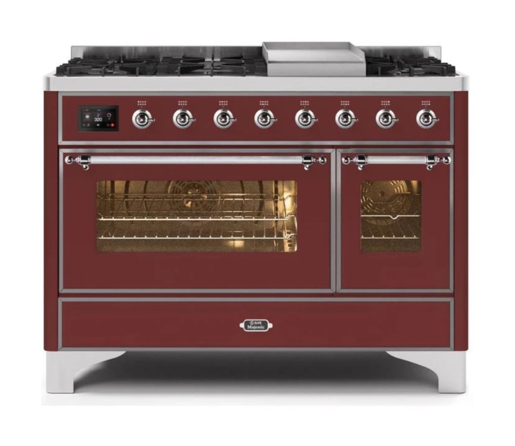 ILVE 48 Inch Majestic II Series Freestanding Dual Fuel Double Oven Range with 8 Sealed Burners, Triple Glass Cool Door, Convection Oven (UM12FDNS)