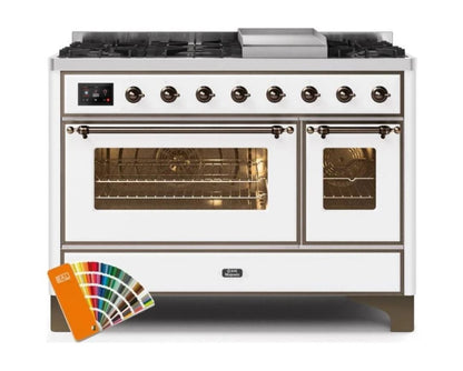 ILVE 48 Inch Majestic II Series Freestanding Dual Fuel Double Oven Range with 8 Sealed Burners, Triple Glass Cool Door, Convection Oven (UM12FDNS)