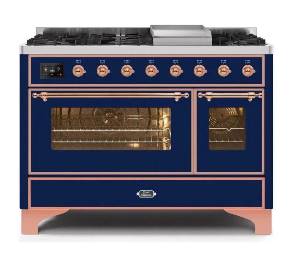 ILVE 48 Inch Majestic II Series Freestanding Dual Fuel Double Oven Range with 8 Sealed Burners, Triple Glass Cool Door, Convection Oven (UM12FDNS)