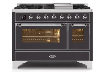 ILVE 48 Inch Majestic II Series Freestanding Dual Fuel Double Oven Range with 8 Sealed Burners, Triple Glass Cool Door, Convection Oven (UM12FDNS)