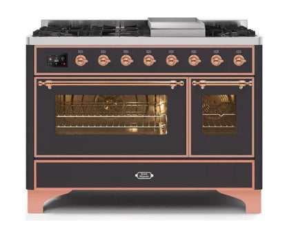 ILVE 48 Inch Majestic II Series Freestanding Dual Fuel Double Oven Range with 8 Sealed Burners, Triple Glass Cool Door, Convection Oven (UM12FDNS)