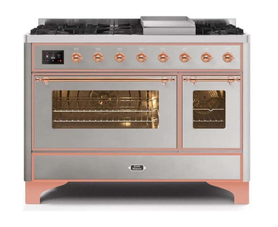 ILVE 48 Inch Majestic II Series Freestanding Dual Fuel Double Oven Range with 8 Sealed Burners, Triple Glass Cool Door, Convection Oven (UM12FDNS)