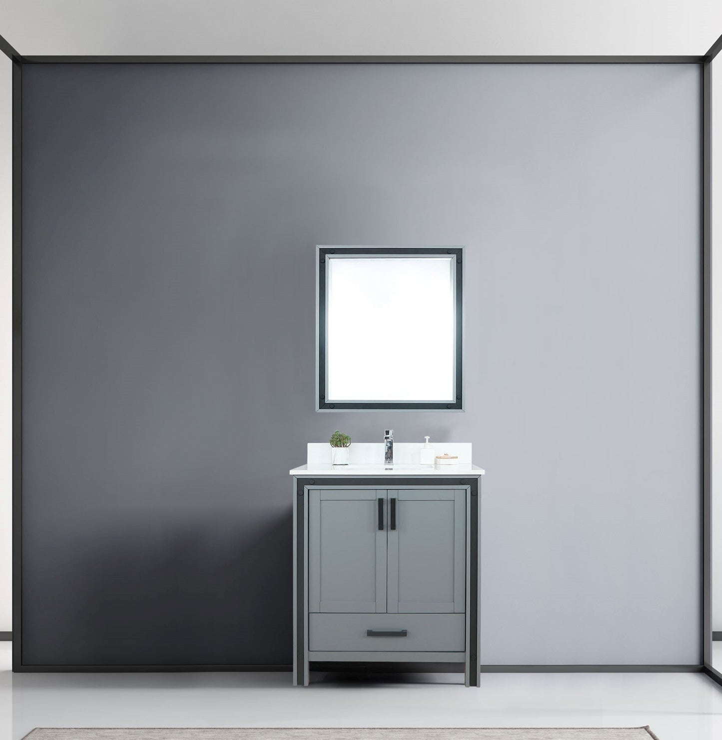 Lexora Ziva 30" Dark Grey Single Vanity, Cultured Marble Top, White Square Sink and 28" Mirror LZV352230SBJSM28