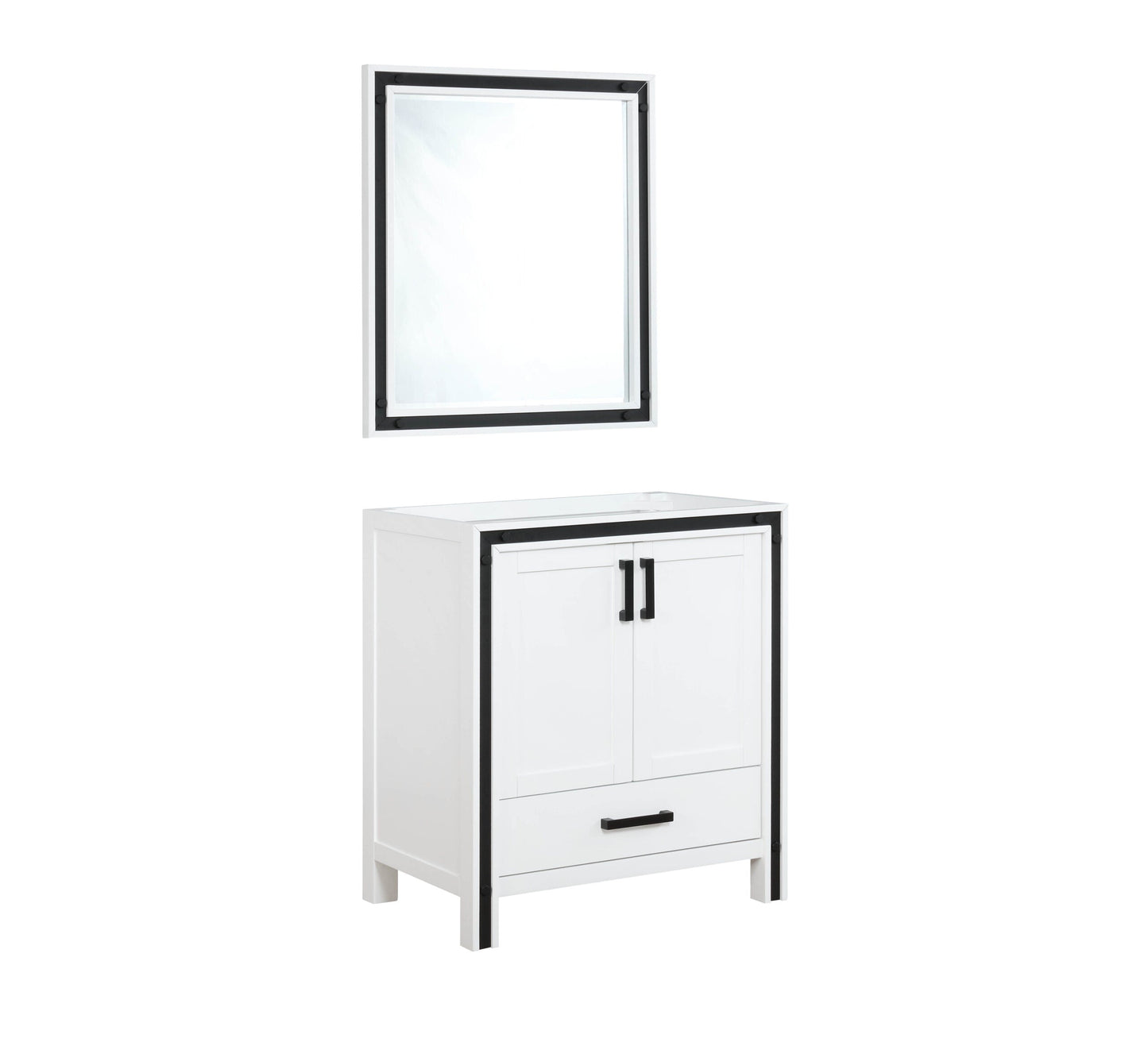 Lexora Ziva 30" White Single Vanity, no Top and 28" Mirror LZV352230SA00M28