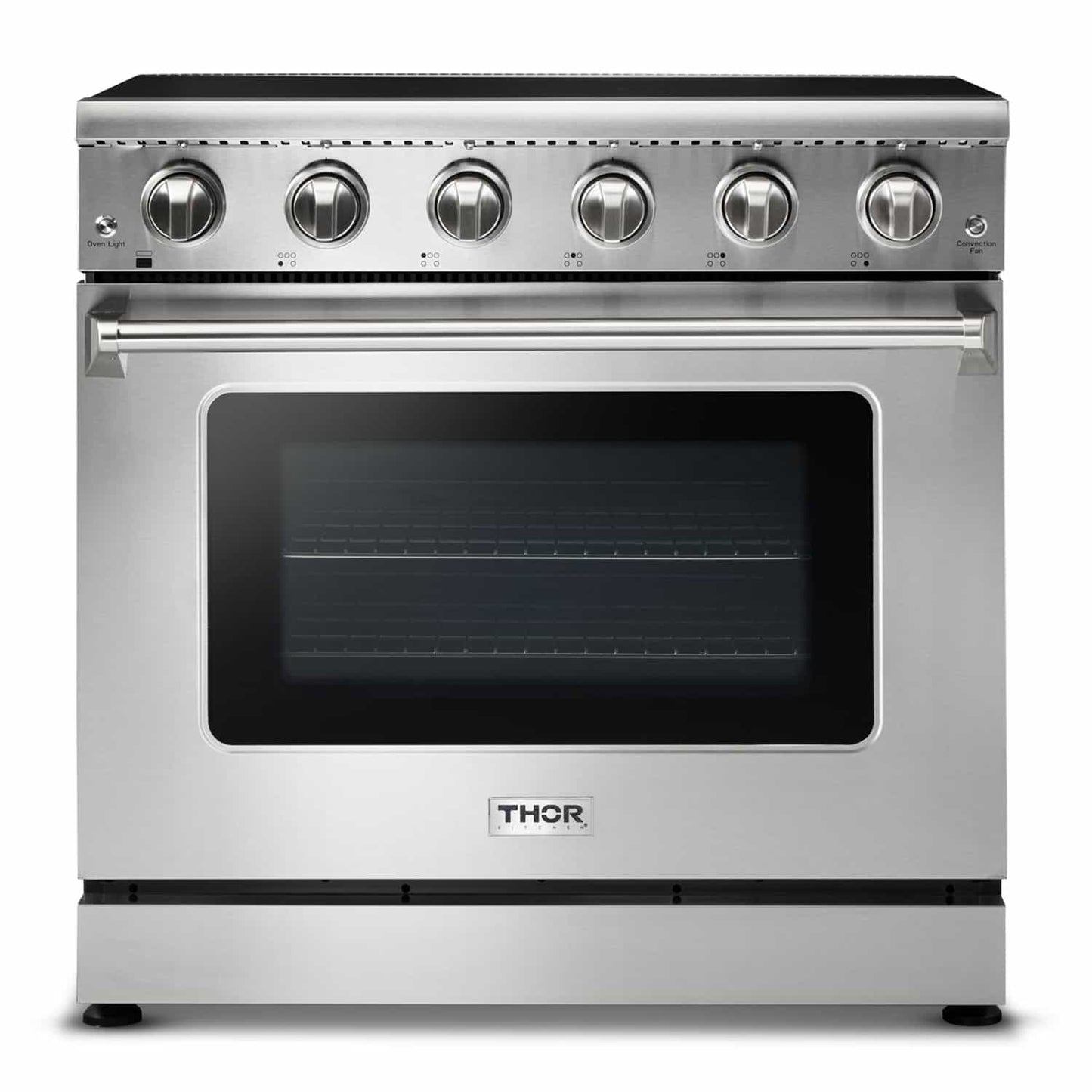 Thor Kitchen 4-Piece Appliance Package - 36-Inch Electric Range, Refrigerator with Water Dispenser, Dishwasher, & Microwave Drawer in Stainless Steel