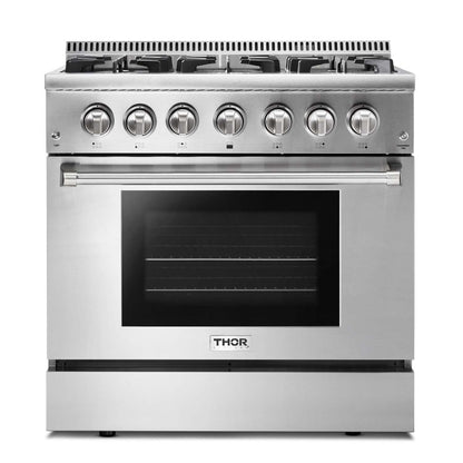 Thor Kitchen 4-Piece Pro Appliance Package - 36-Inch Dual Fuel Range, Refrigerator with Water Dispenser, Under Cabinet Hood & Dishwasher in Stainless Steel